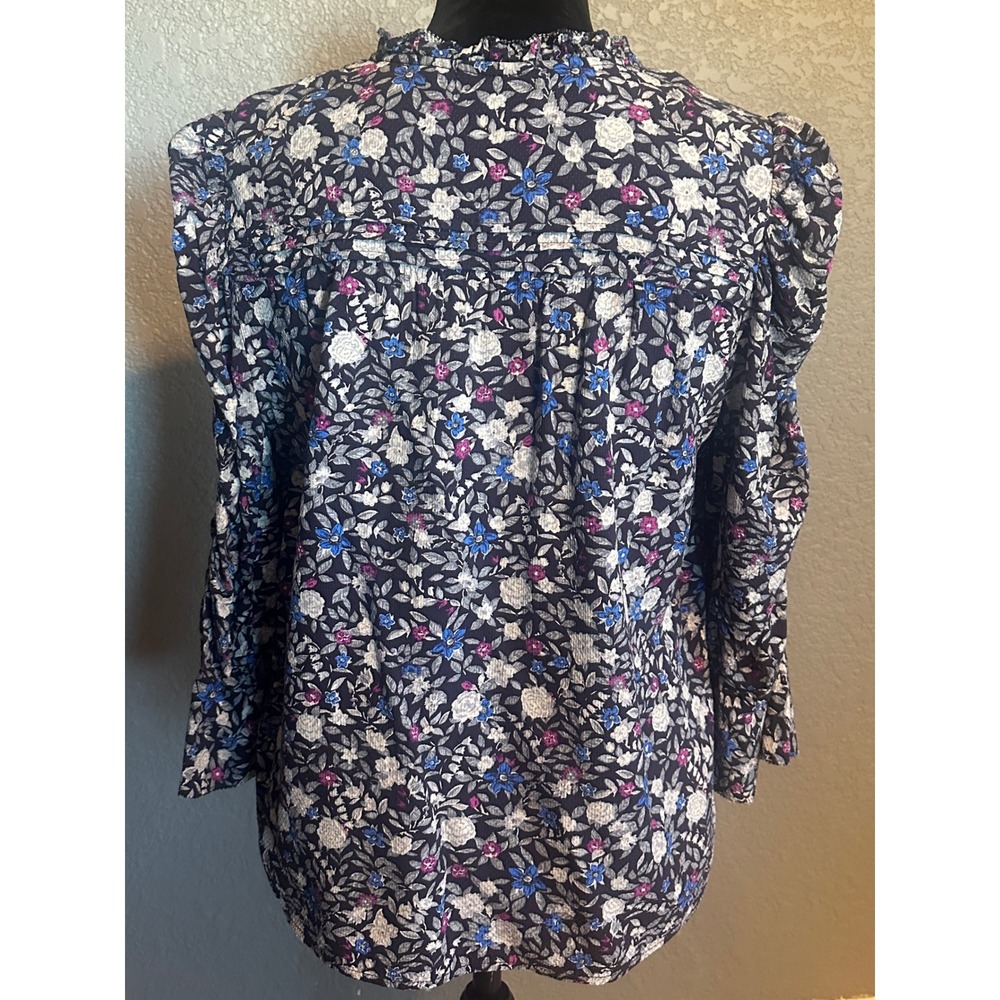 Democracy Womens Floral V-Neck Ruffle Blouse Blue 3/4 Sleeve Top L Cottagecore - Picture 2 of 16